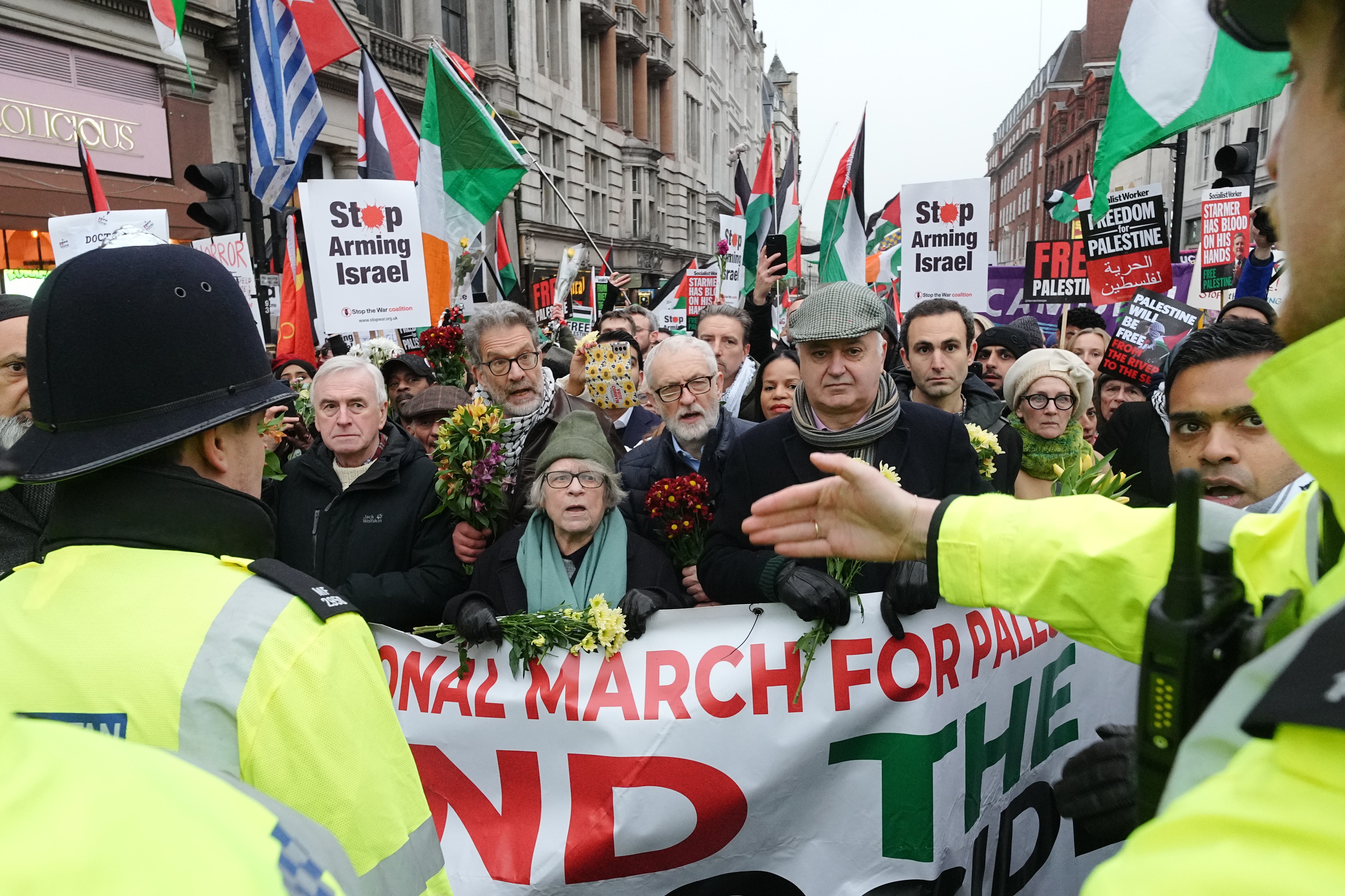 Pro-Palestine protesters, including Jeremy Corbyn and John McDonnell, marched from a static rally to Trafalgar Square (Jeff Moore/PA)