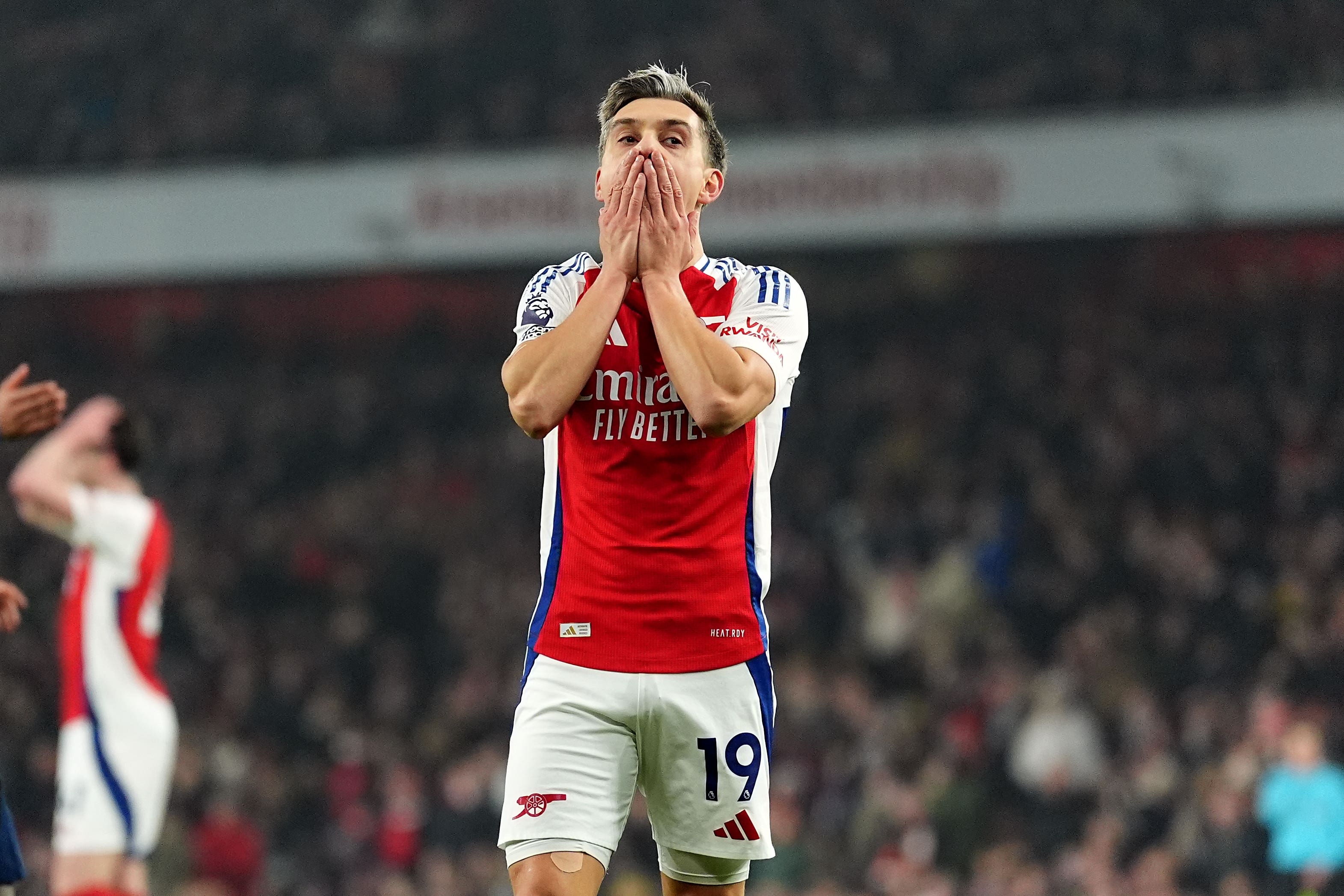 Arsenal’s Leandro Trossard reacts during the Premier League match