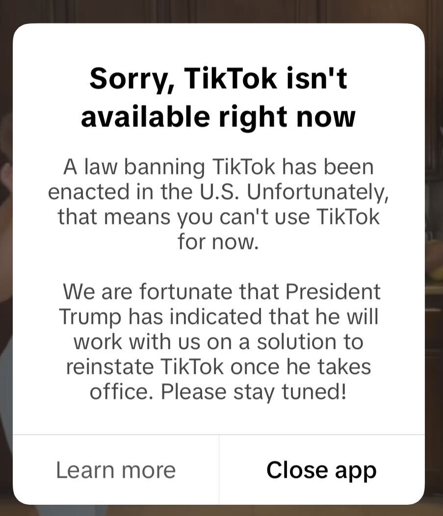 The message that appeared on the screens of TikTok users when they tried accessing the app on Saturday evening