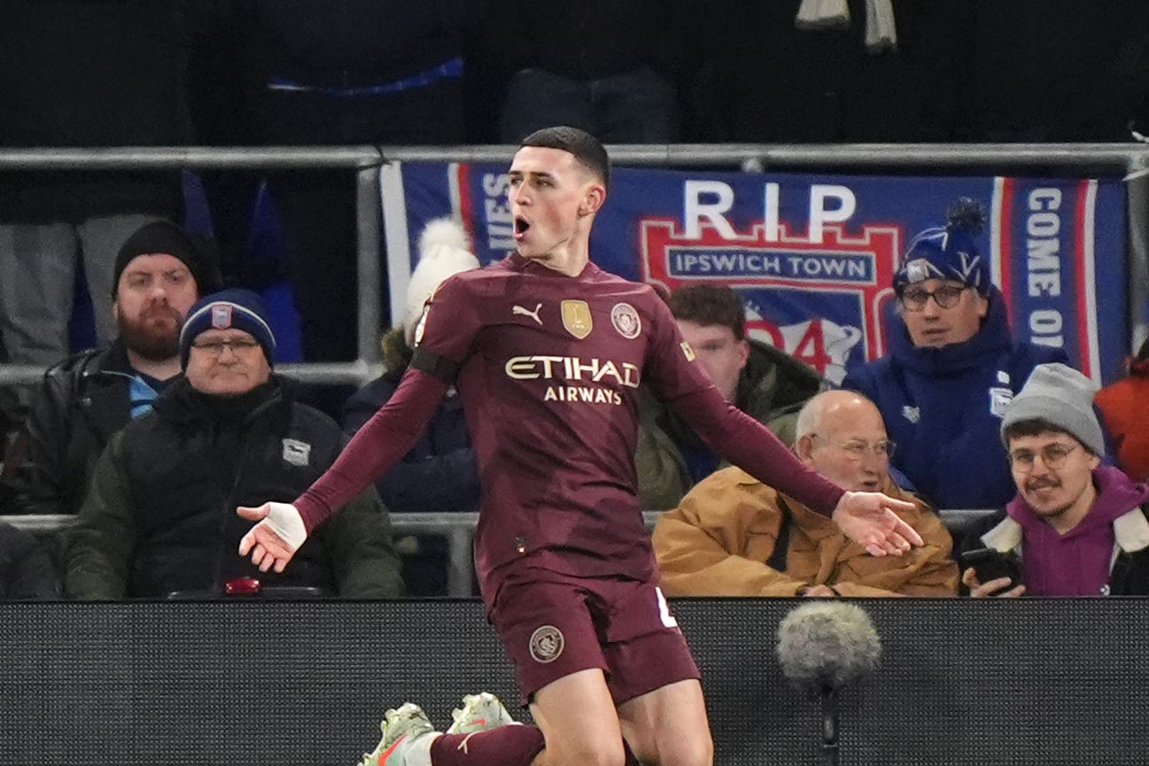 Phil Foden at the double as Man City hit Ipswich for six to return to top four