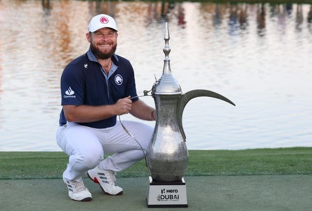 <p>Tyrrell Hatton of England celebrates victory</p>