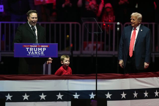 <p>Elon Musk (left) speaks on stage with his four-year-old son, X, and President-elect Donald Trump at the ‘Make America Great Again Victory Rally’ in Washington, D.C. on Sunday</p>