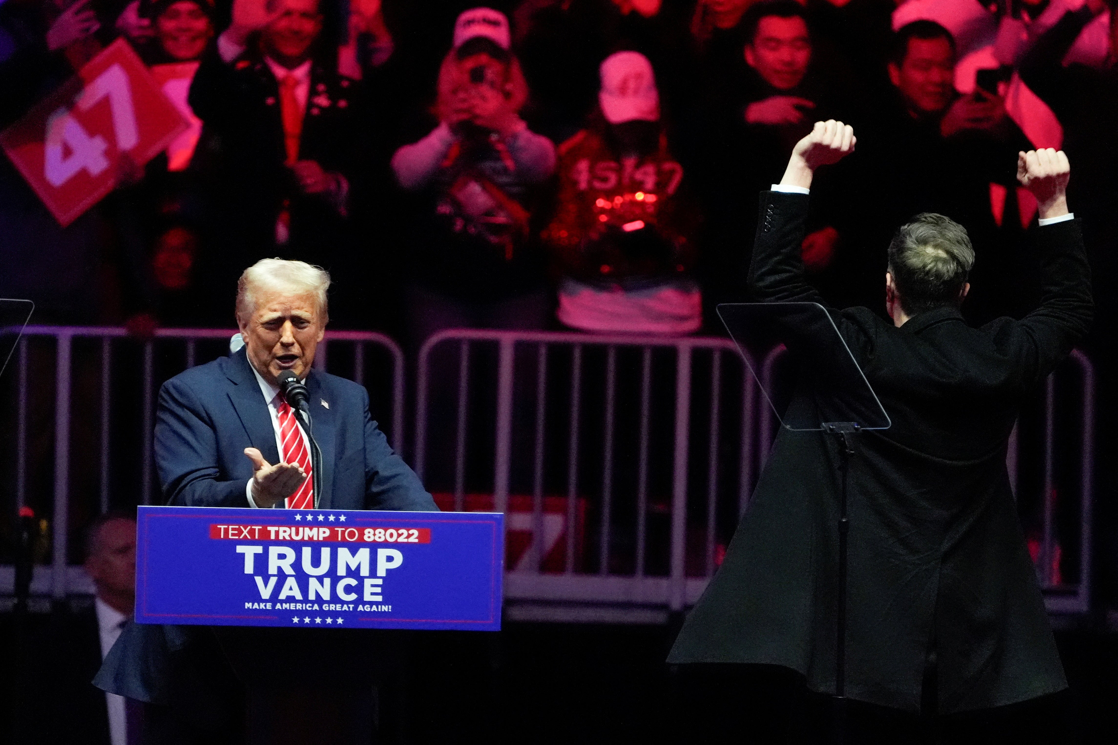 <p>U.S. President-elect Donald Trump speaks as Tesla CEO and X owner Elon Musk gestures during a rally the day before Trump is scheduled to be inaugurated for a second term, in Washington, U.S., January 19, 2025</p>
