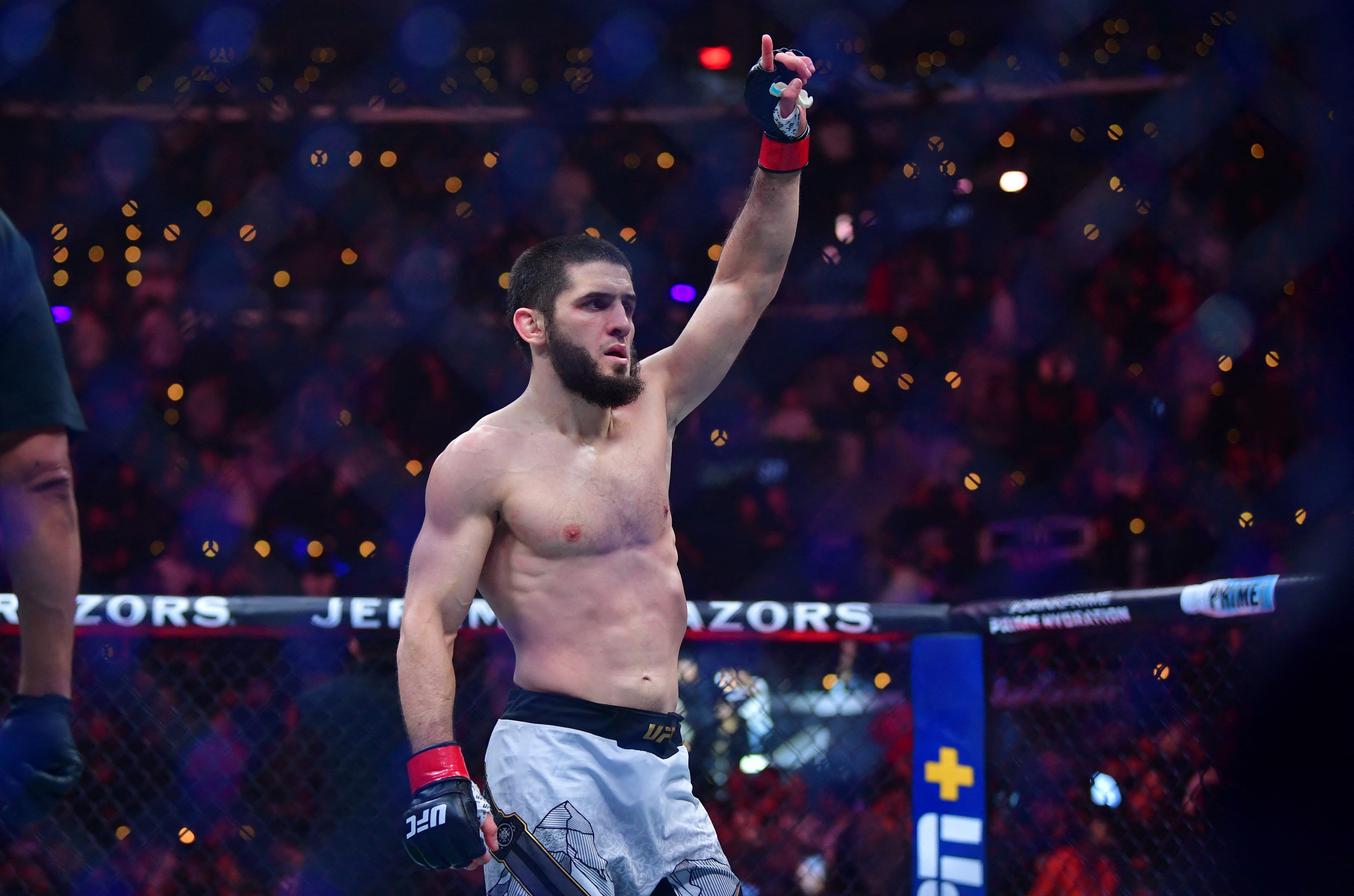 Makhachev reacts after defeating Renato Moicano