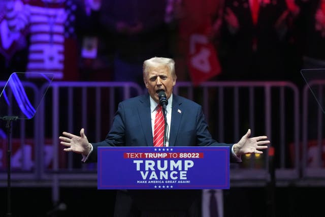 <p>Donald Trump addresses his supporters at the ‘Make America Great Again Victory Rally’ at Washington DC’s Capital One Arena on January 19 2025 </p>