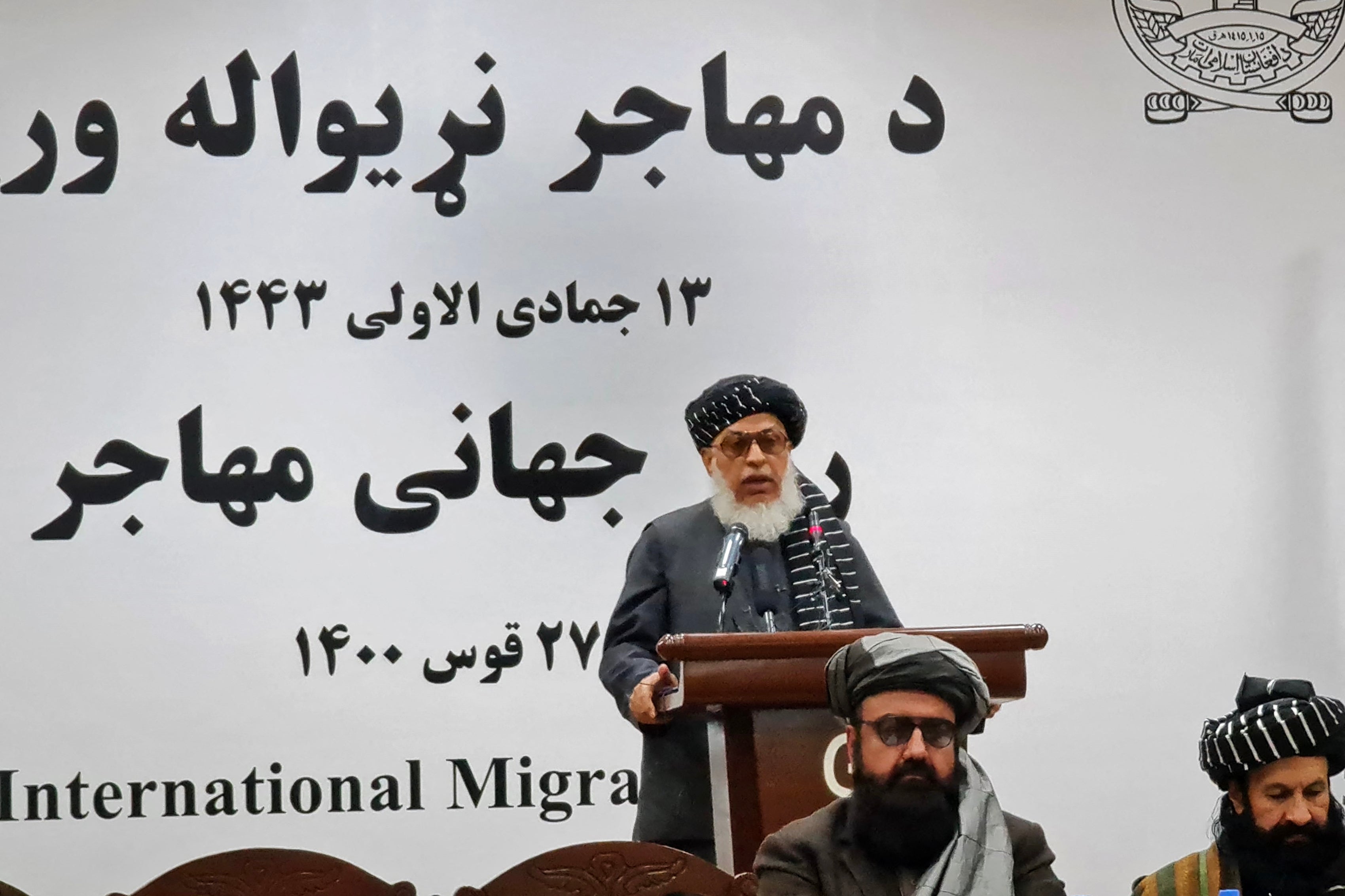 <p>Taliban government’s deputy foreign minister Sher Mohammad Abbas Stanikzai (top) speaks during a function in Kabul </p>