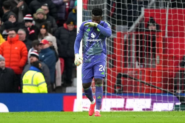 Manchester United goalkeeper Andre Onana’s mistake led to Brighton’s third goal (Martin Rickett/PA).