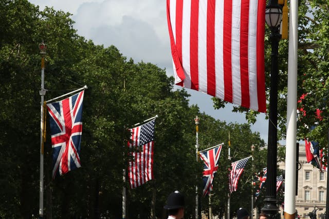 US and UK flags on the Mall leading up to Buckingham Palace, London, during the state visit to the UK by US President Donald Trump in 2019. (Steve Parsons/PA)