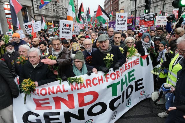 Former Labour leader Jeremy Corbyn, centre, and John McDonnell, front left, at the rally on Saturday (Jeff Moore/PA)
