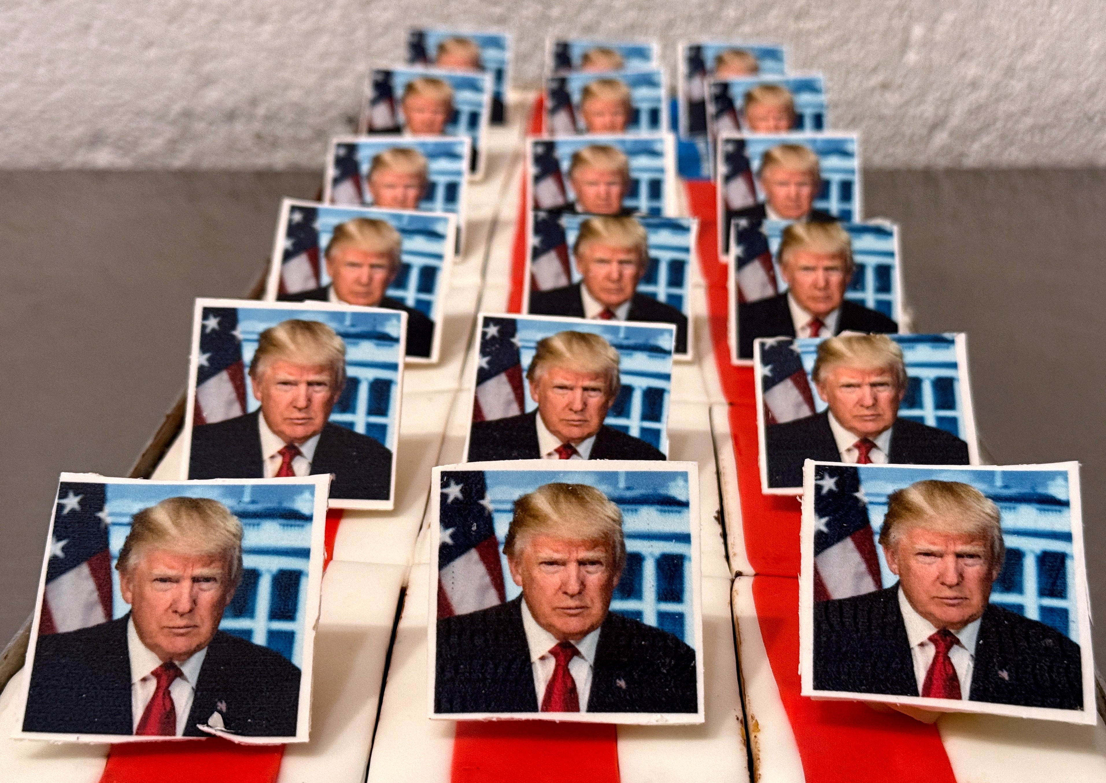 Pastries decorated with an edible picture of Trump are presented at a bakery in Freinsheim, Germany to mark his second inauguration