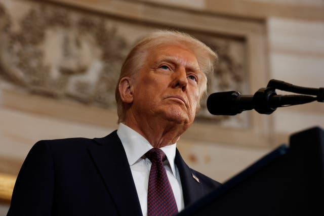 <p>Donald Trump speaks during his inauguration ceremony in the rotunda of the US Capitol on Monday </p>