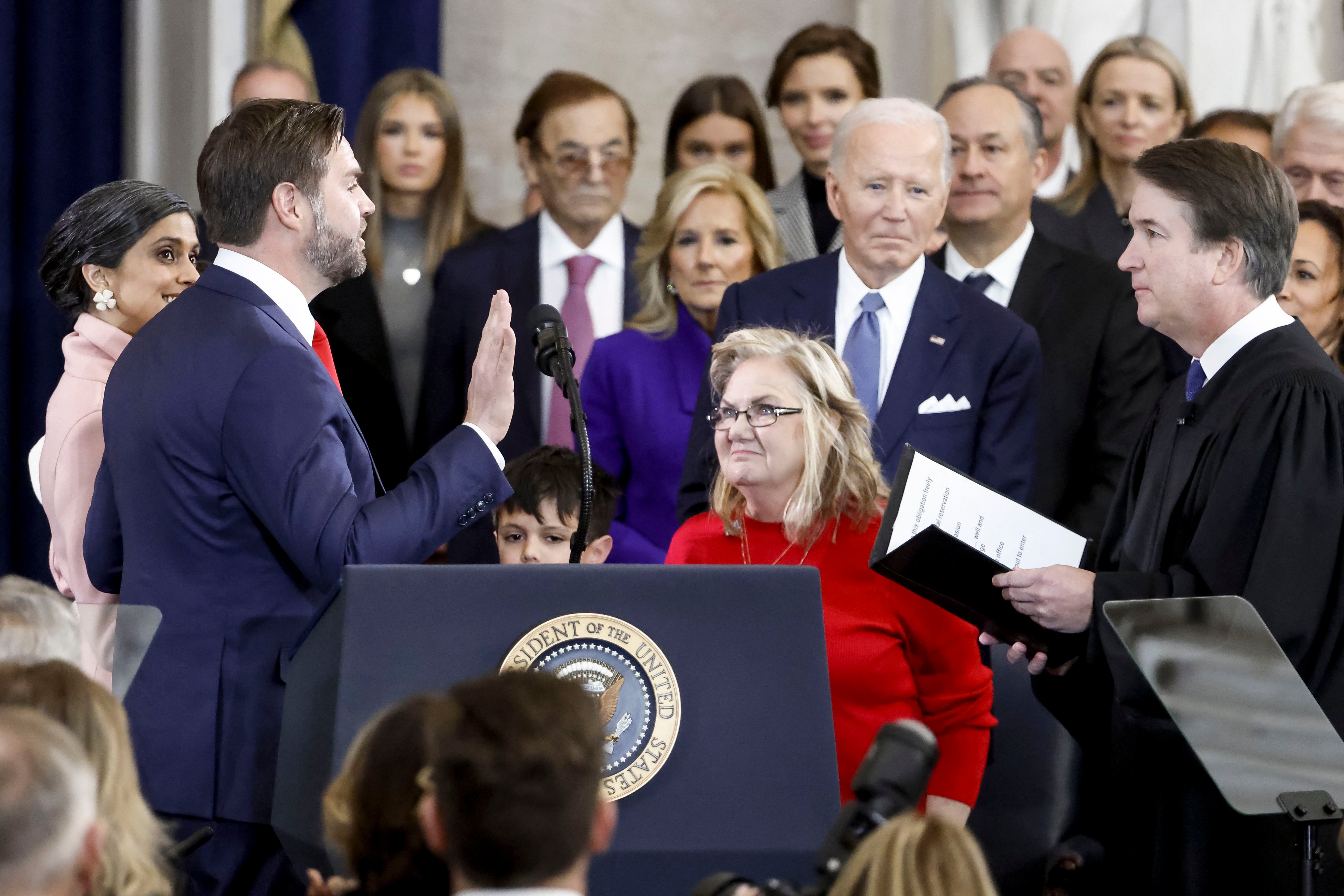 Vance’s mom Beverly Aikins looks on as her son is sworn in as the 50th vice president