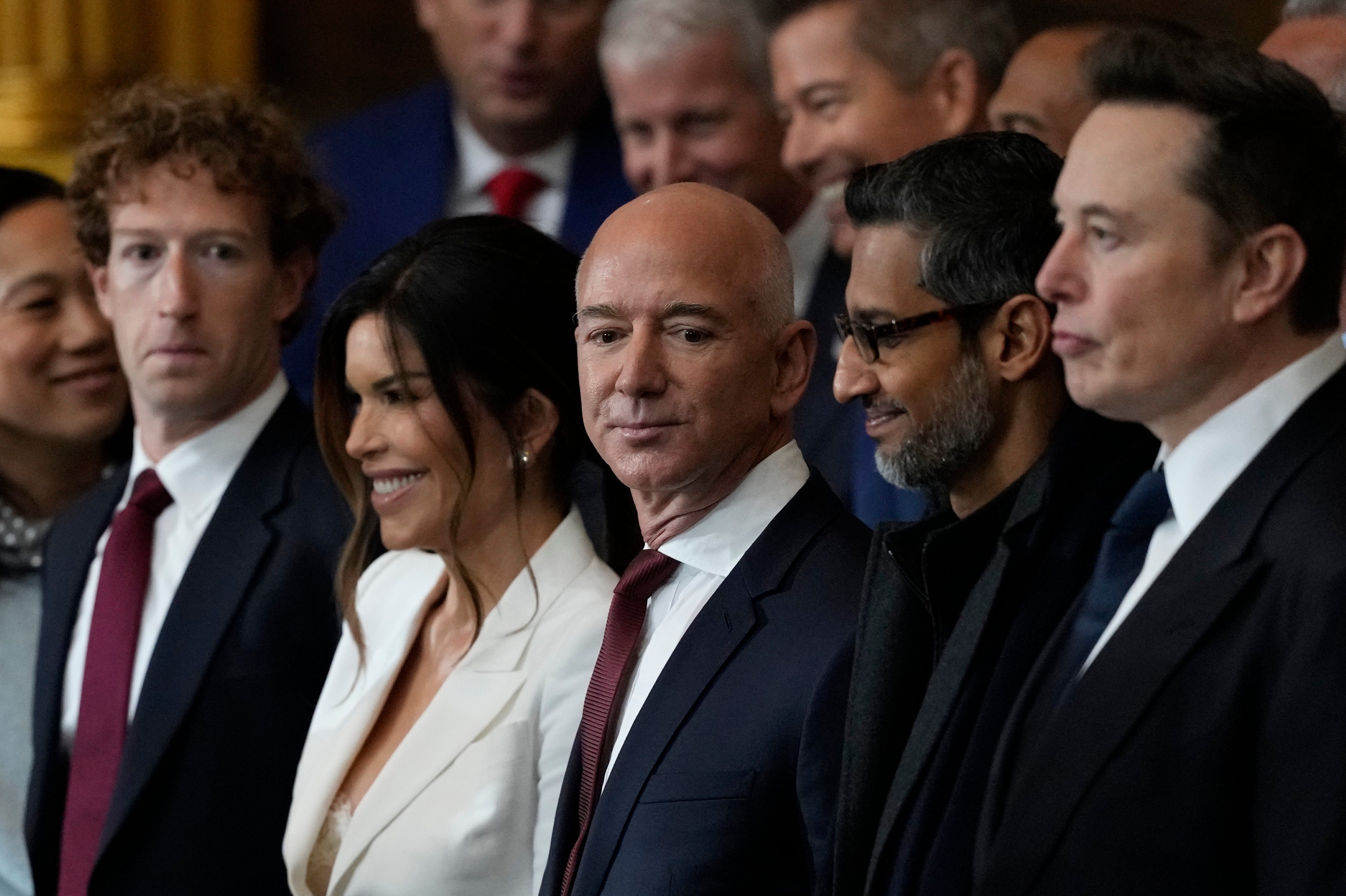 Eyebrows were raised about the priority seating given to high-profile tech moguls including Elon Musk, Mark Zuckerberg, and Jeff Bezos (all pictured)