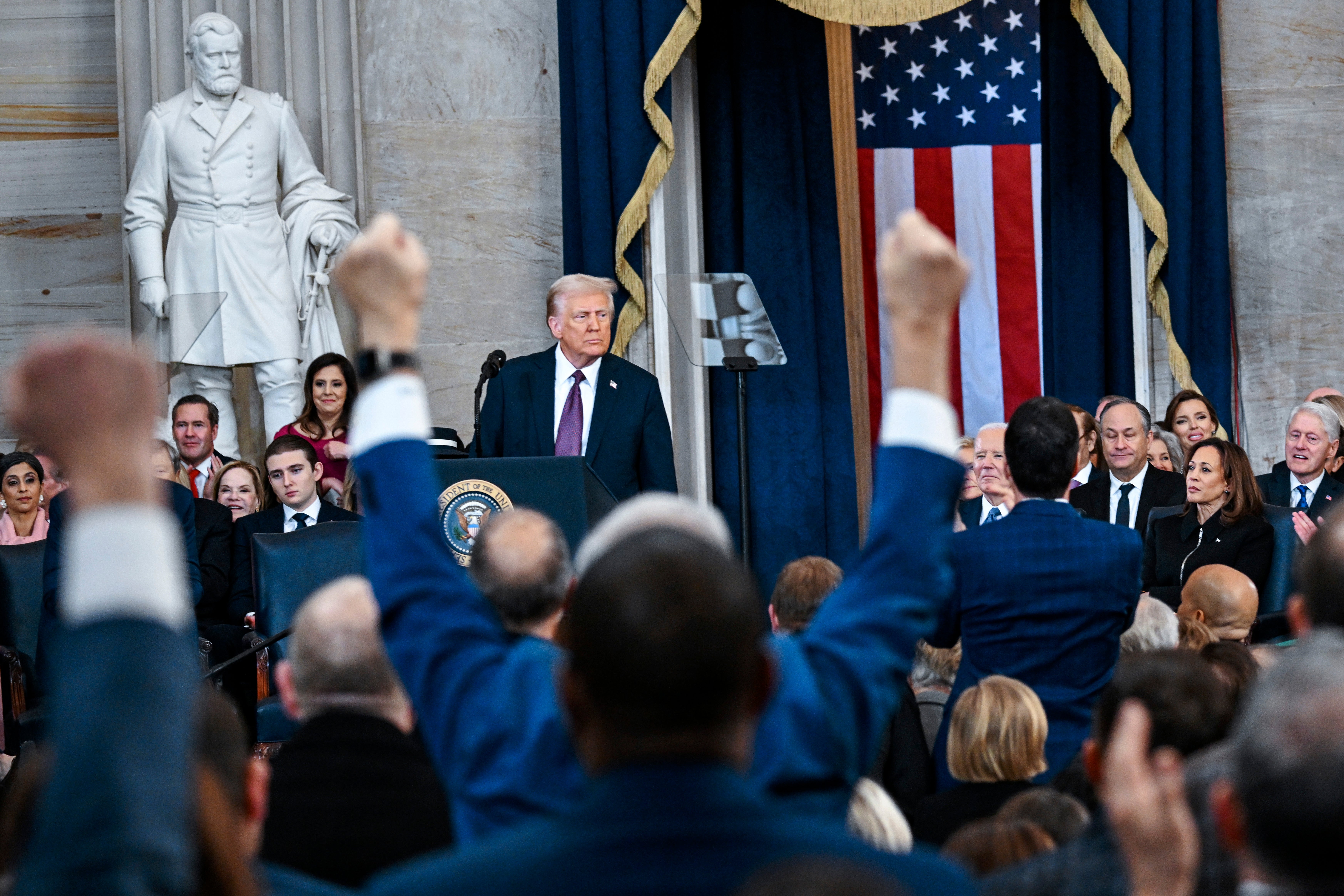 President Trump delivered a dark and brooding speech, denouncing much of his own government’s work.