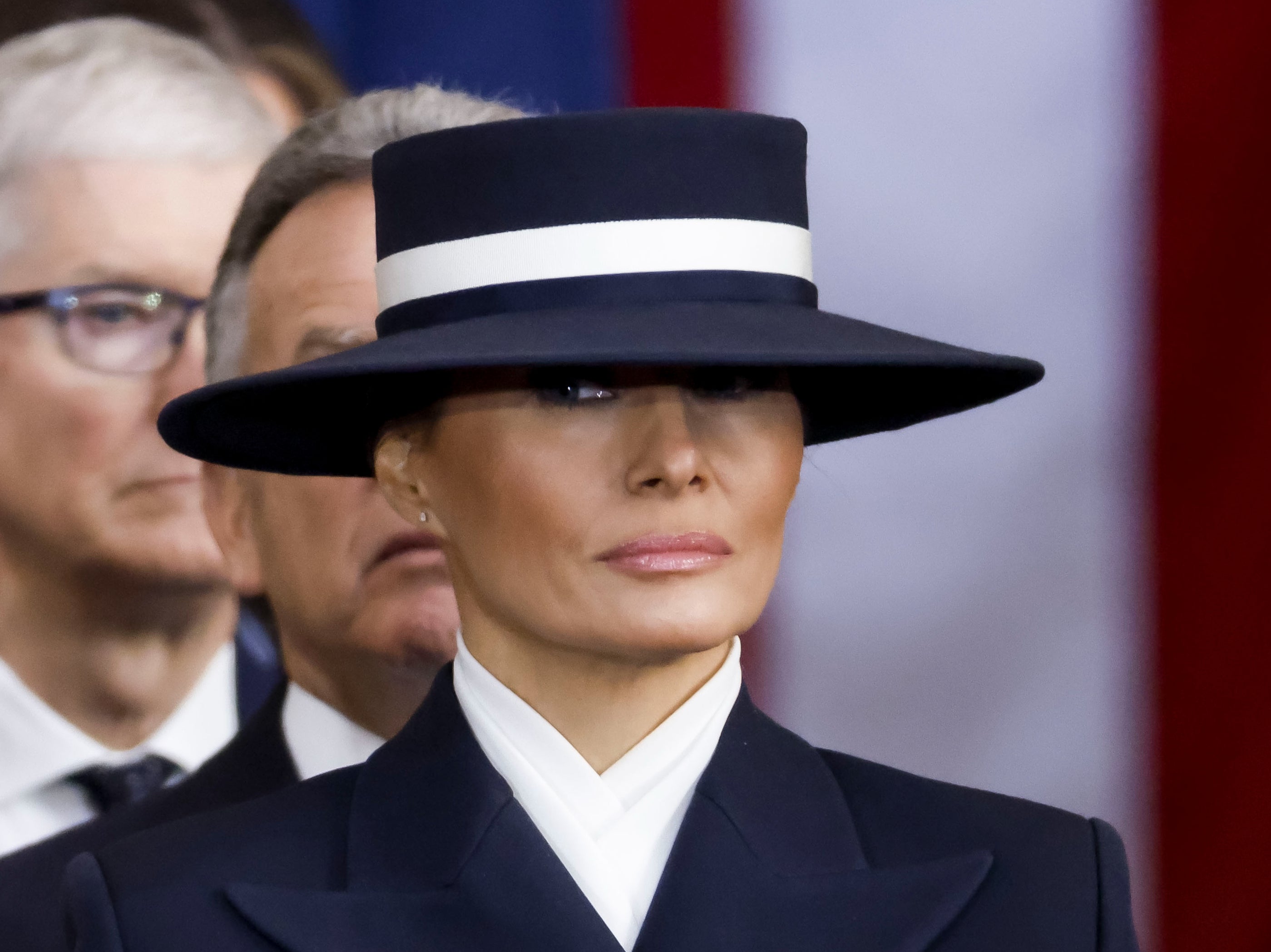 Melania Trump wears an Eric Javits hat to the 2025 inaugural swearing-in ceremony