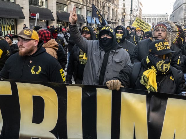 <p>The Proud Boys assemble outside during Donald Trump's inauguration on January 20, 2025</p>