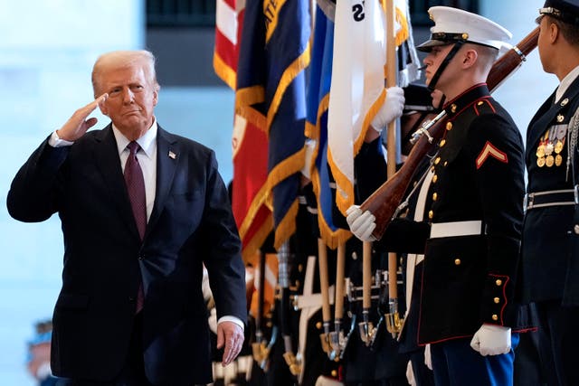 <p>US President Donald Trump reviews the troops during his Inauguration ceremony in Emancipation Hall of the US Capitol in Washington, DC, on January 20, 2025</p>