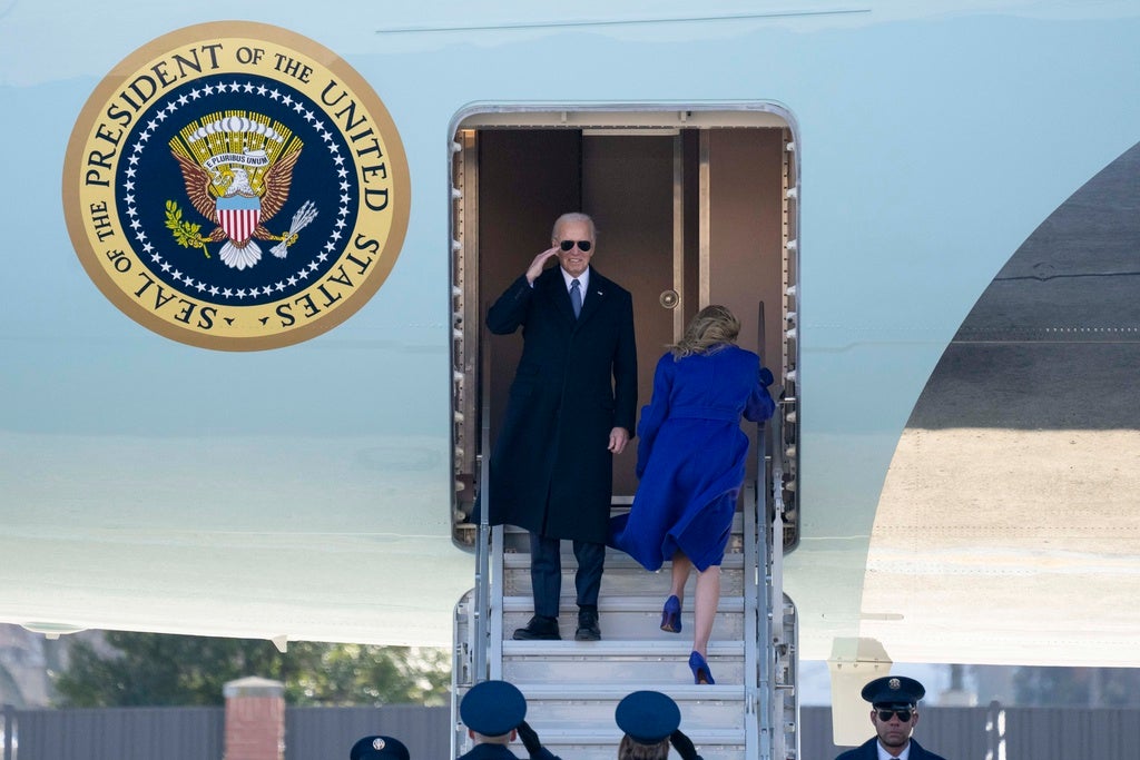 <p>Former President Joe Biden salutes as Jill Biden boards an Air Force Special Mission airplane at Joint Base Andrews, Md., Monday, Jan. 20, 2025</p>