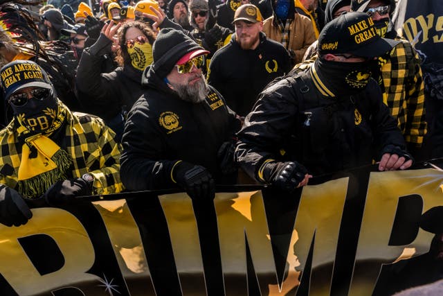 <p>The Proud Boys gather outside Capital One Arena in Washington, D.C., on January 20, 2025</p>