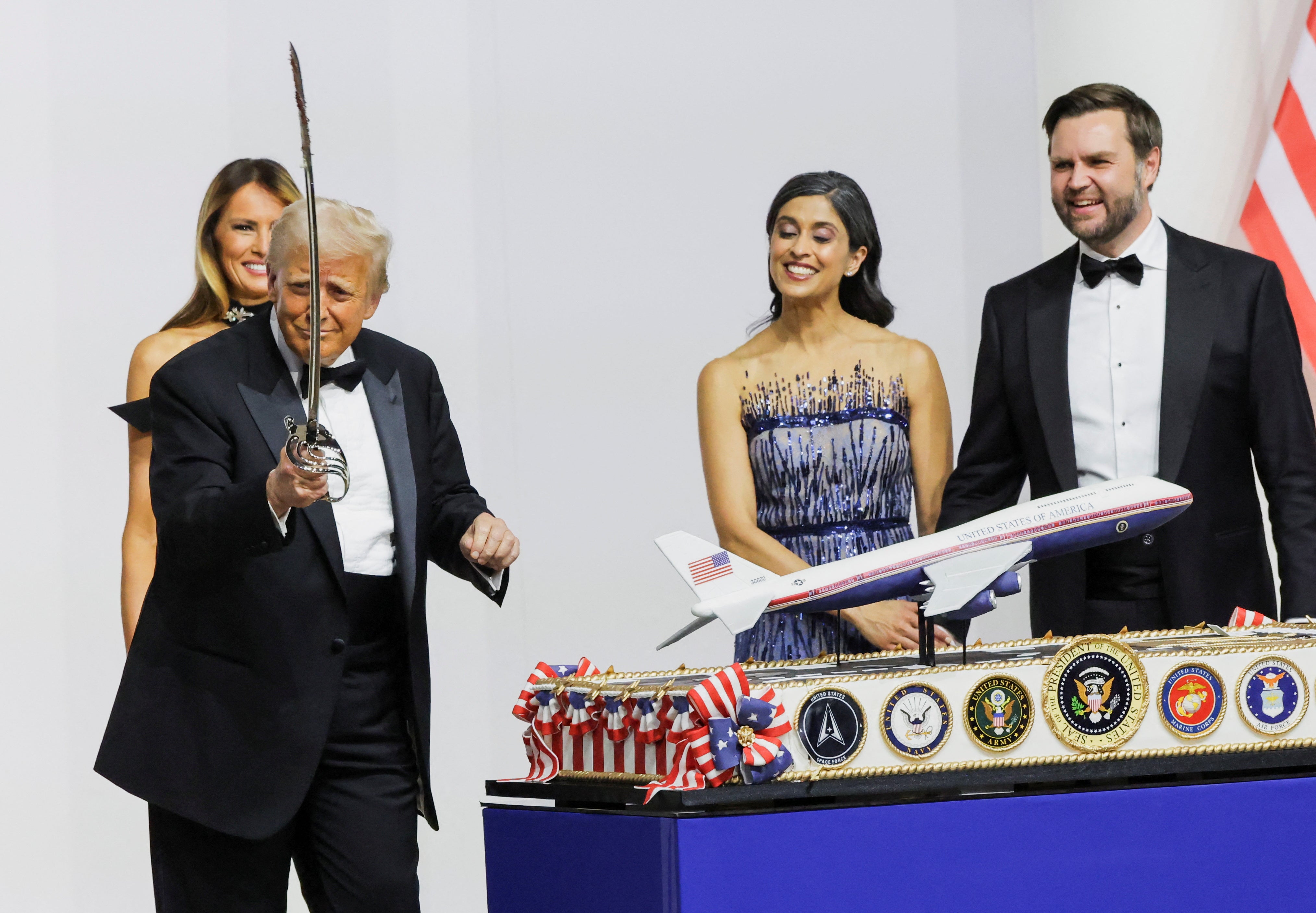 The new president danced around with a sword as his wife and vice-presidential couple JD and Usha Vance looked on