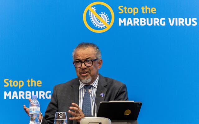 <p>File: World Health Organization Director-General Tedros Adhanom Ghebreyesus addresses a press conference on the Marburg virus outbreak at the Kigali Convention Center in Kigali, Rwanda</p>