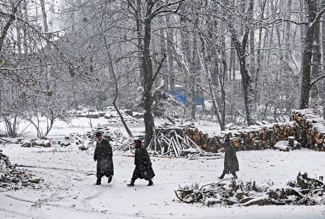 <p>People walk amid snowfall in Anantnag, Jammu and Kashmir on 16 January 2025</p>