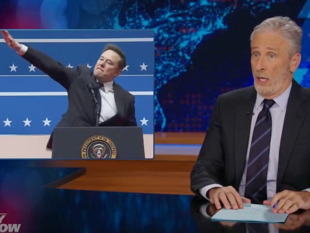 <p>Jon Stewart reacts to Elon Musk’s “salute”</p>