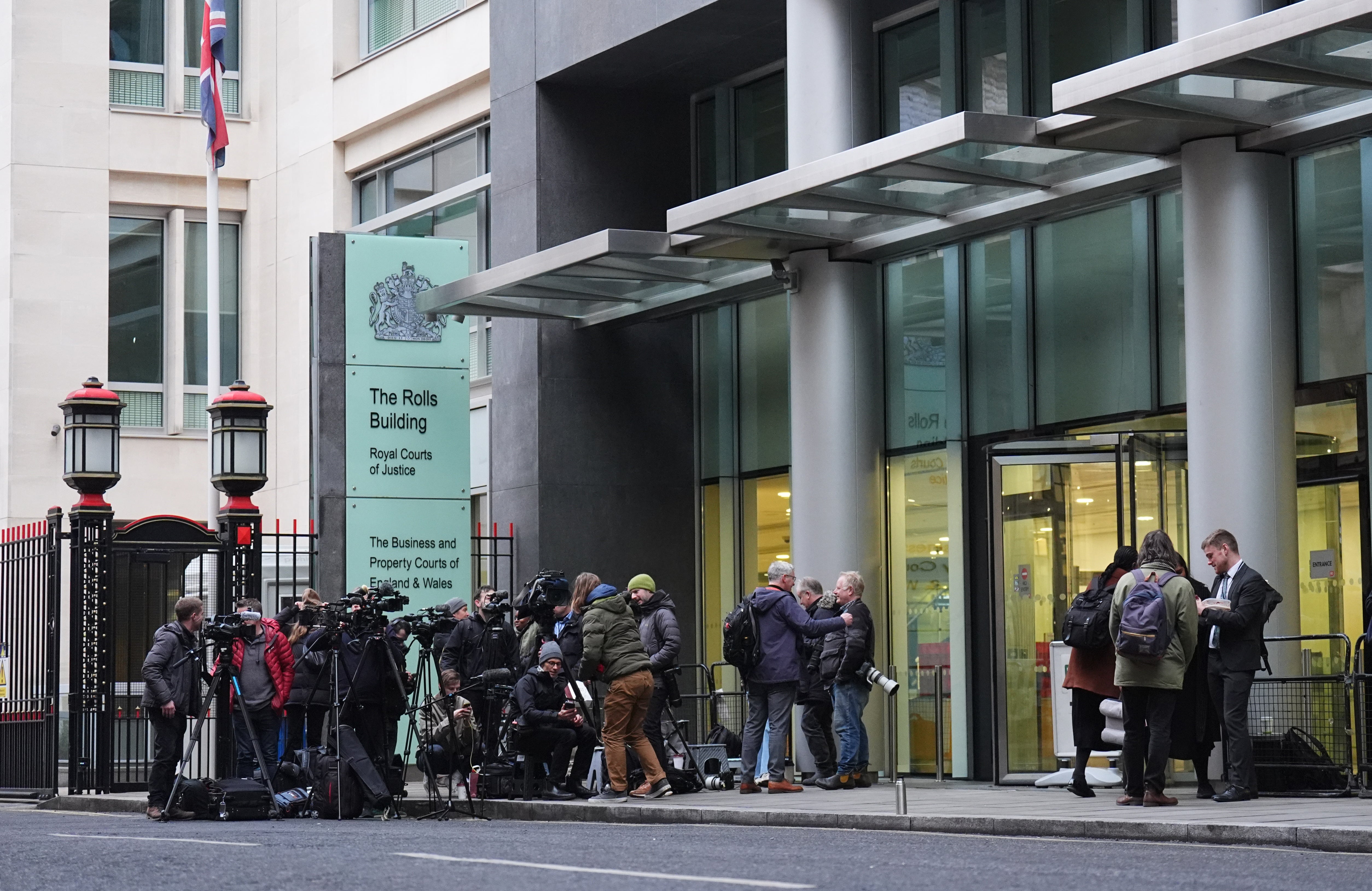 Media gather outside the Rolls Building in London, where the Duke of Sussex and former Labour deputy leader Lord Tom Watson are bringing legal action against News Group Newspapers (NGN).