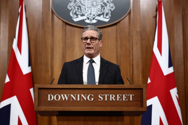 <p>Prime Minister Sir Keir Starmer delivers a statement at 10 Downing Street (Henry Nicholls/PA)</p>