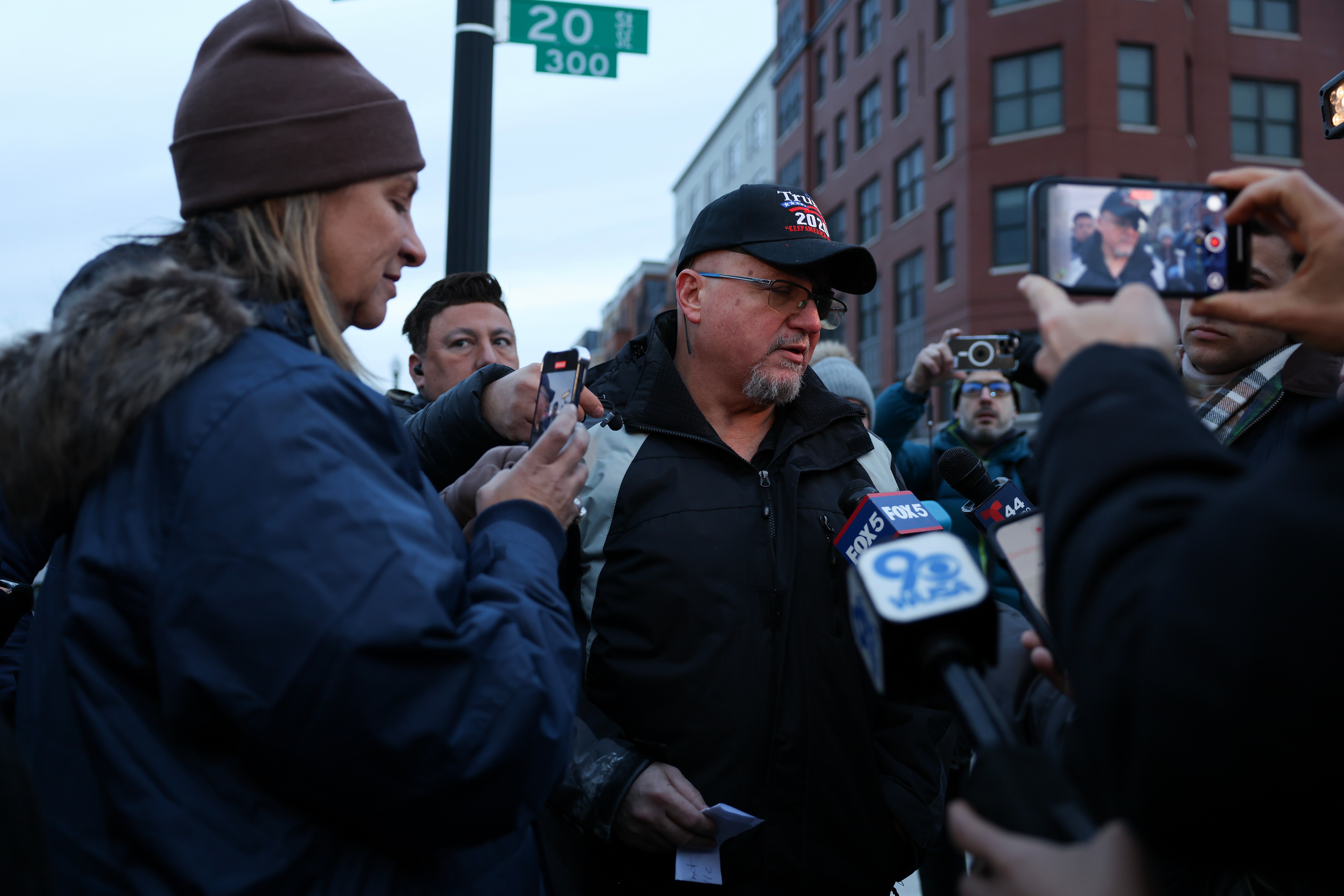 <p>Stewart Rhodes speaks with press after being released last night after spending the past 3 years in Cumberland, Maryland at the Federal Correctional Institution on January 21, 2025 in Washington, DC. </p>