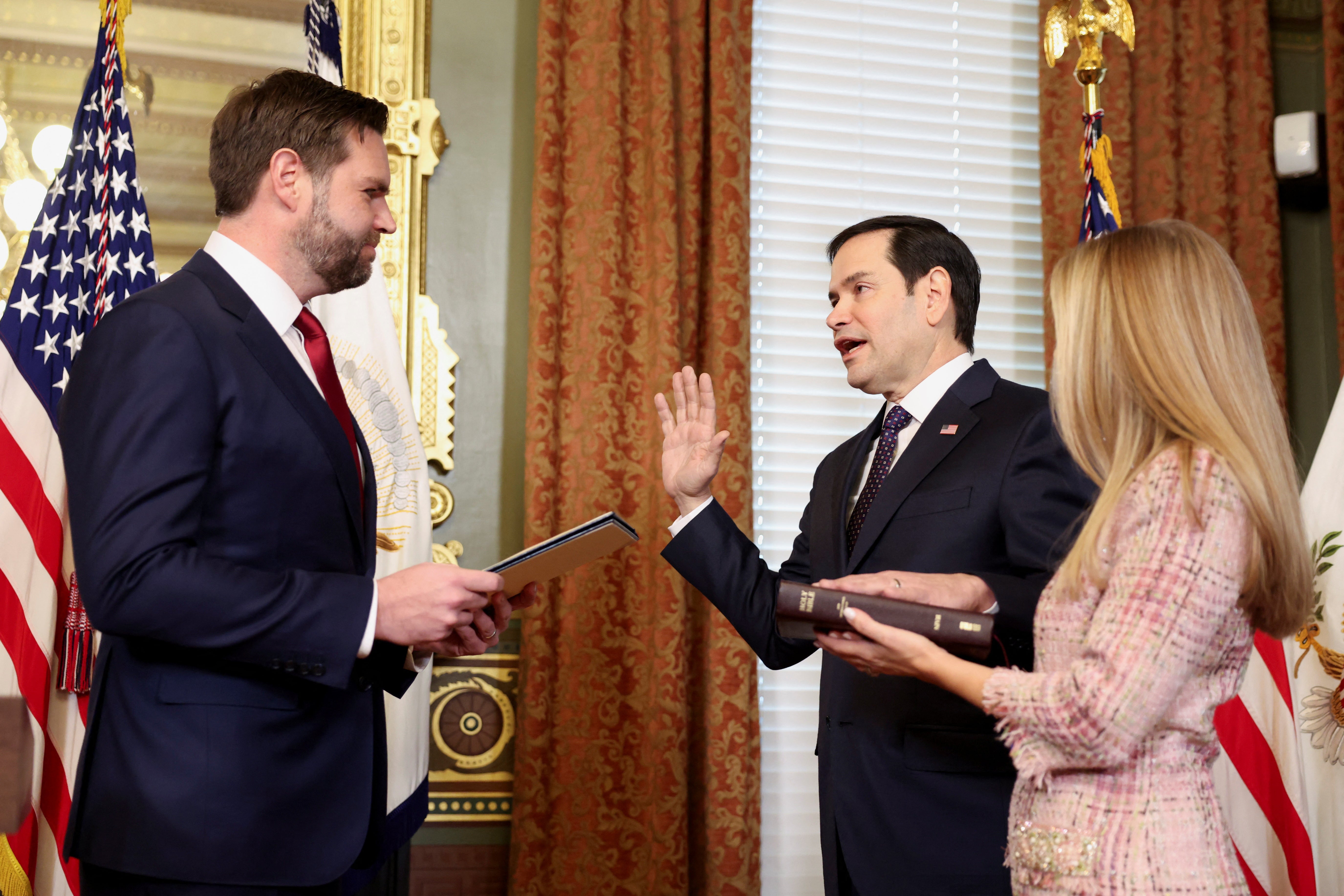 Vice President J.D. Vance pictured swearing in Rubio. The secretary of state issued the order soon after he was sworn in