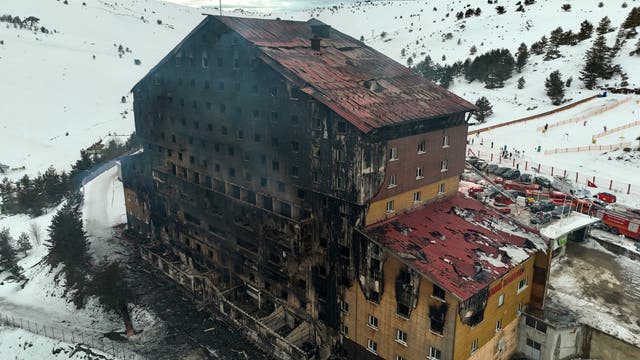 <p>A drone view shows the aftermath of a fire at a hotel in the ski resort of Kartalkaya in Bolu</p>