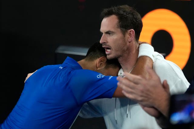 <p>Novak Djokovic (left) hugs Andy Murray after his win over Carlos Alcaraz at the Australian Open</p>