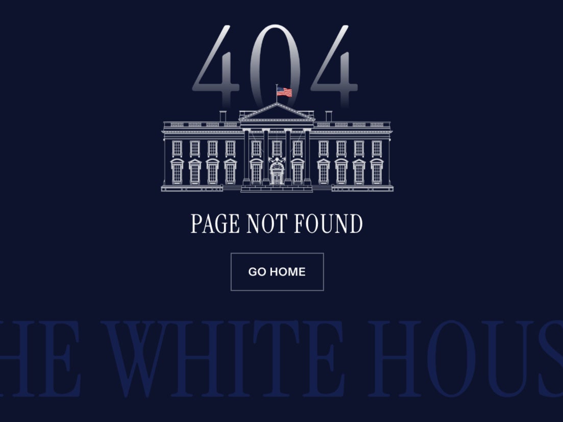 An ‘Error 404’ message shown on the White House website