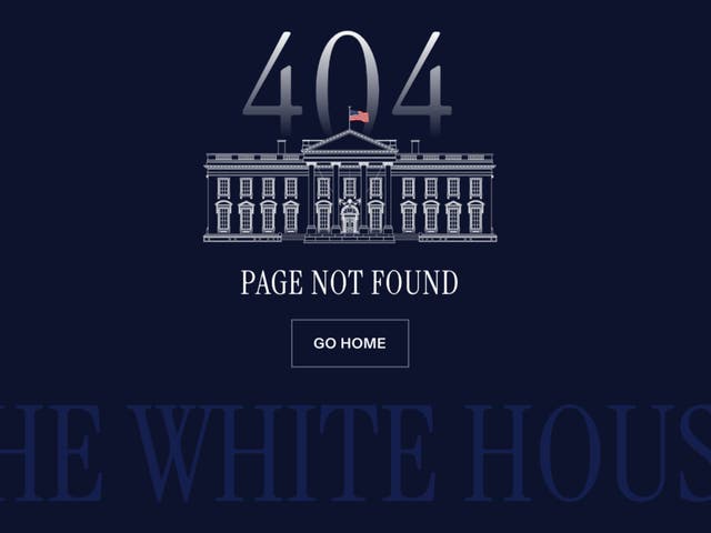 <p>An ‘Error 404’ message show on the White House website on Tuesday January 21 2025, shortly after Donald Trump assumed office</p>