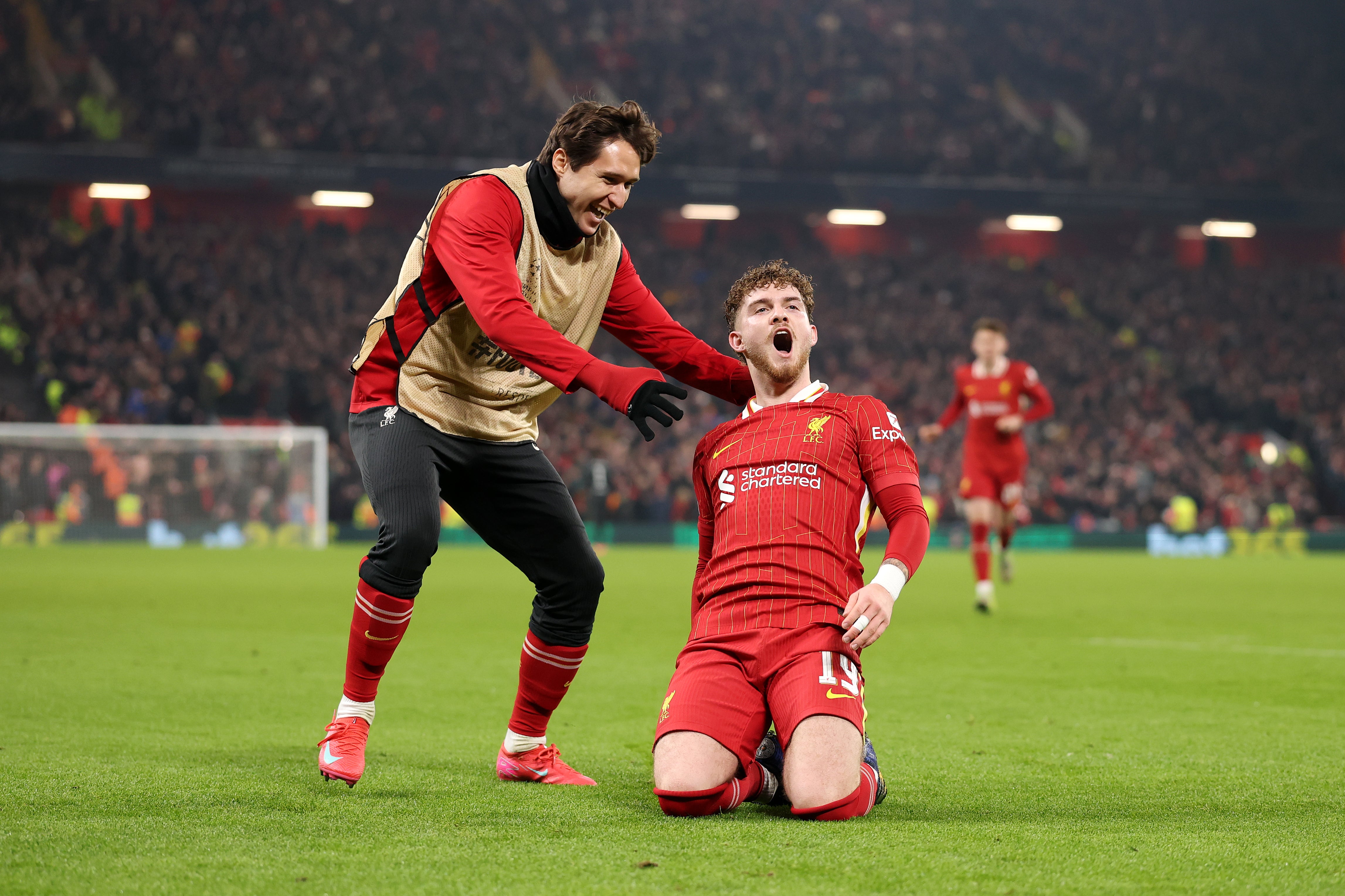 Elliott celebrates after seeing his shot deflect into the net