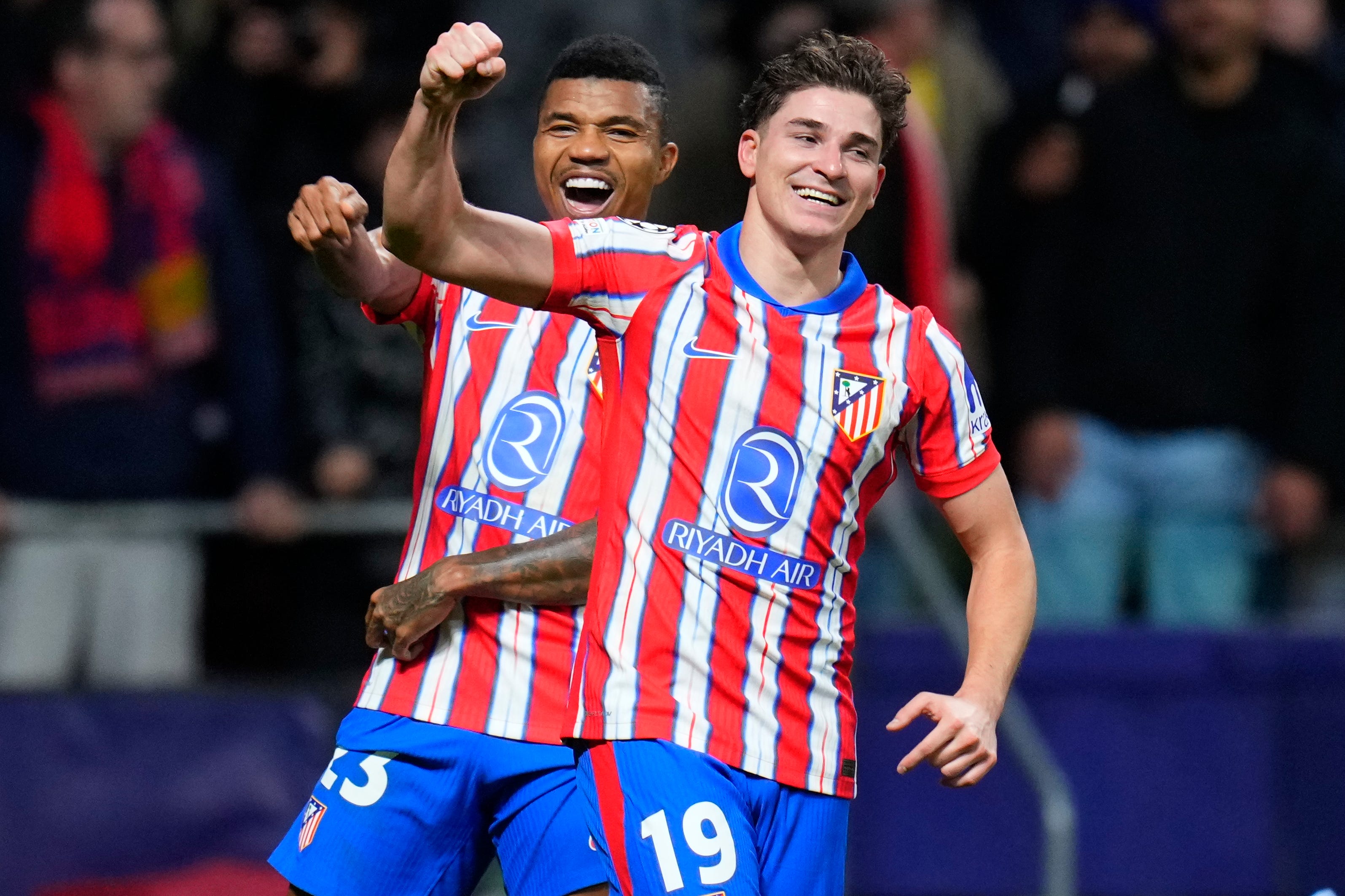 Julian Alvarez, front, scored twice in Atletico Madrid’s win (Manu Fernandez/AP)