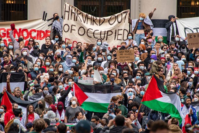 <p>Supporters of Palestine gather at Harvard University to show their support for Palestinians in Gaza at a rally in Cambridge, Massachusetts, on October 14, 2023</p>