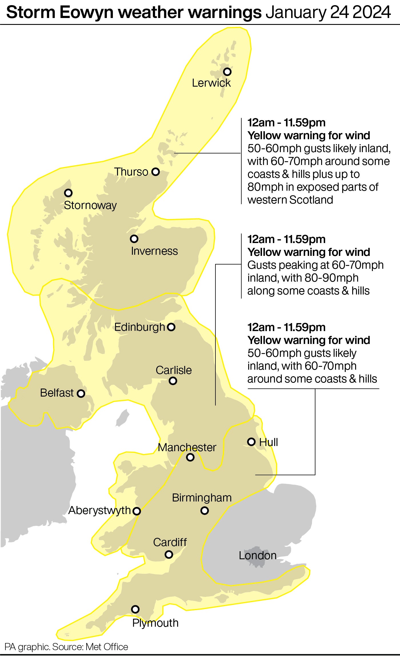 Storm Eowyn weather warnings Friday 25 January