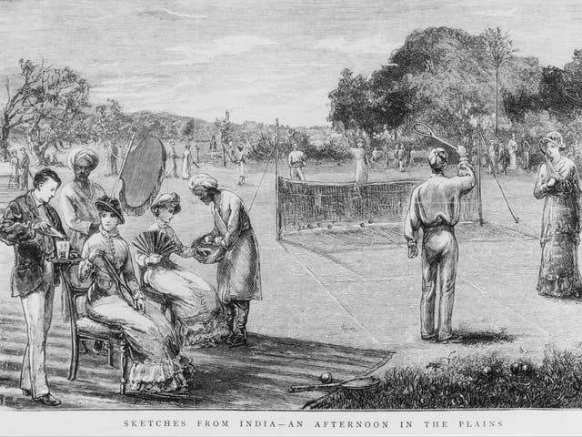 <p>A sketch, published in a graphic book in 1880, shows British people playing tennis in India, during the British Raj, while a male waiter serves them tea</p>