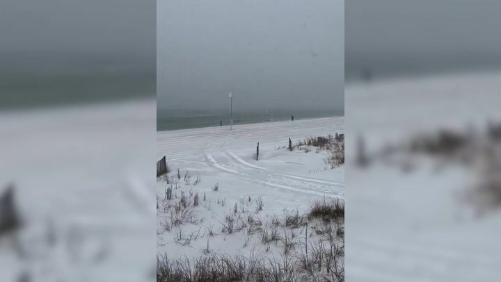 <p>Watch 'history in the making' as rare winter storm sweeps across US states.</p>