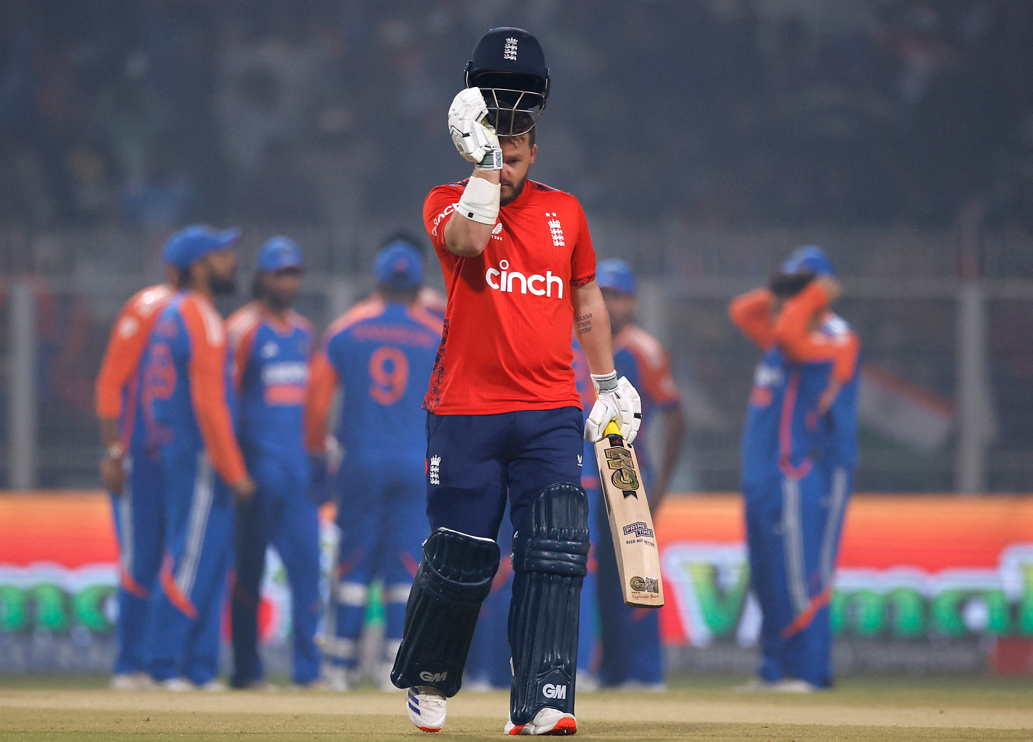 Phil Salt walks away after losing his wicket in the first over