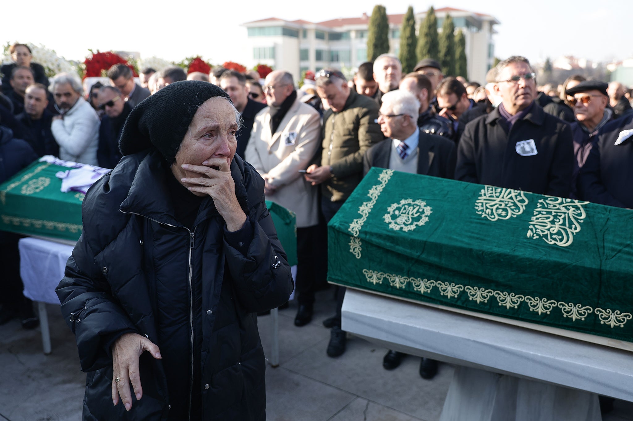 Friends and relatives attend the funeral of Turkish journalist Nedim Turkmen and his family in Istanbul, Turkey, 22 January 2025. Turkish journalist Nedim Turkmen, his wife, and their two children died in a fire that broke out in a hotel at Kartalkaya ski resort, northwestern Turkey