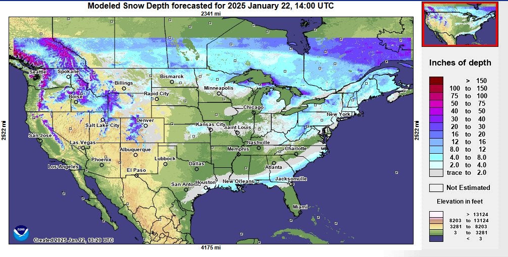 This snow depth analysis shows the impact of the historic winter storm across the South. Florida and Louisiana are shown to have more snowpack than South Dakota