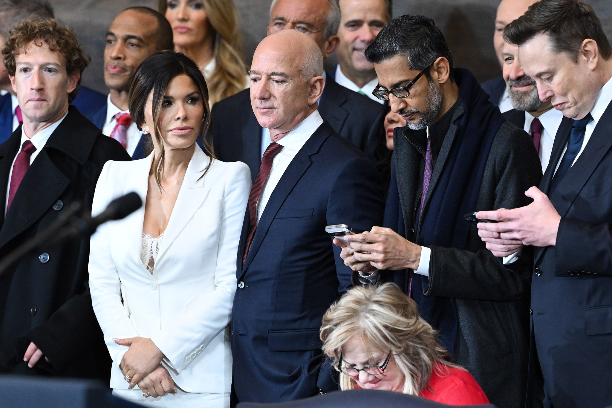 Google CEO Sundar Pichai (fourth from the left) at Trump’s inauguration alongside Mark Zuckerberg, Jeff Bezos and his wife, and Elon Musk