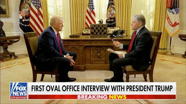 <p>In this Fox News screen grab, President Trump talks to host Sean Hannity in his first TV interview since his inauguration on January 20, 2025</p>