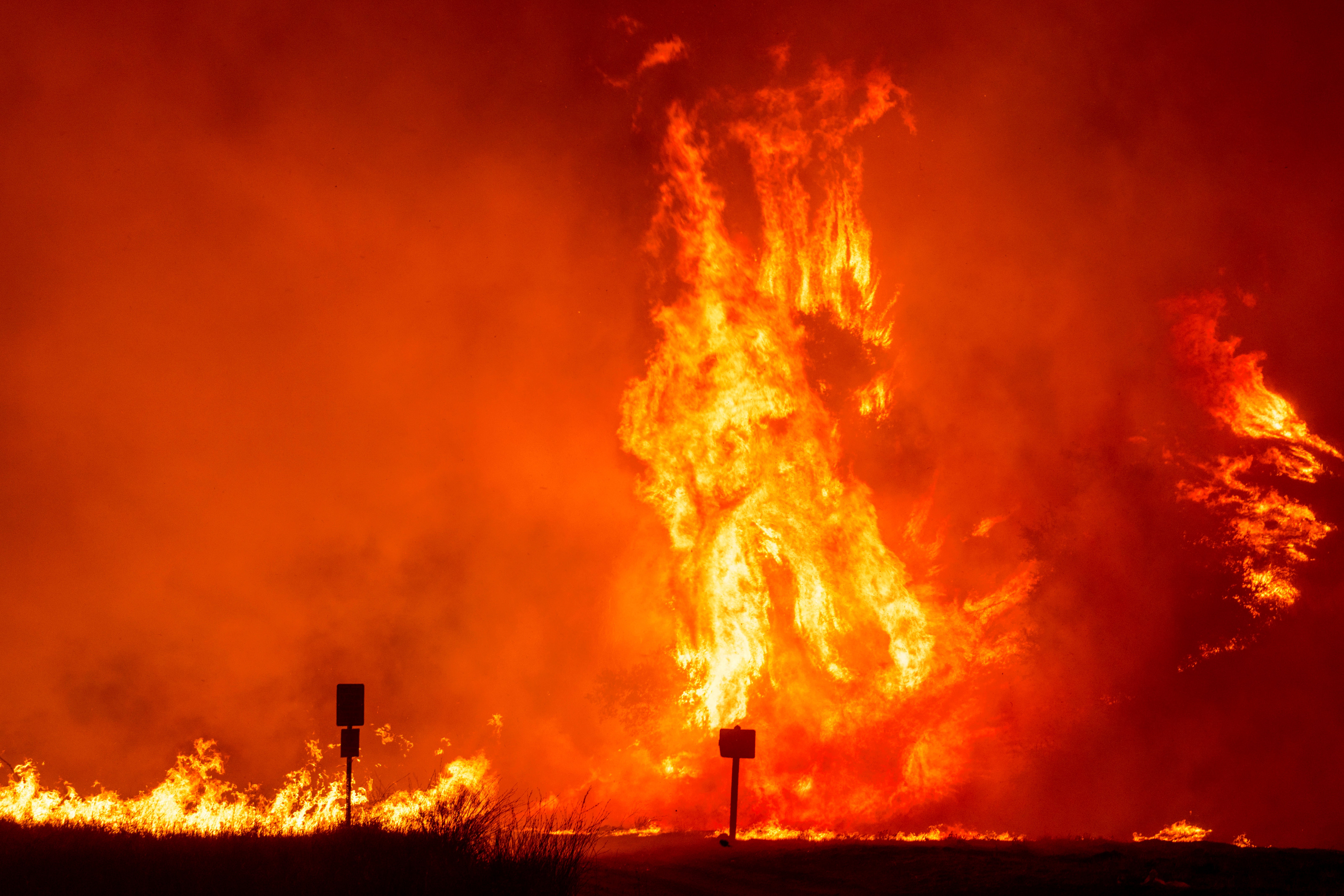 Flames roar as the Hughes Fire burns trees in Castaic.