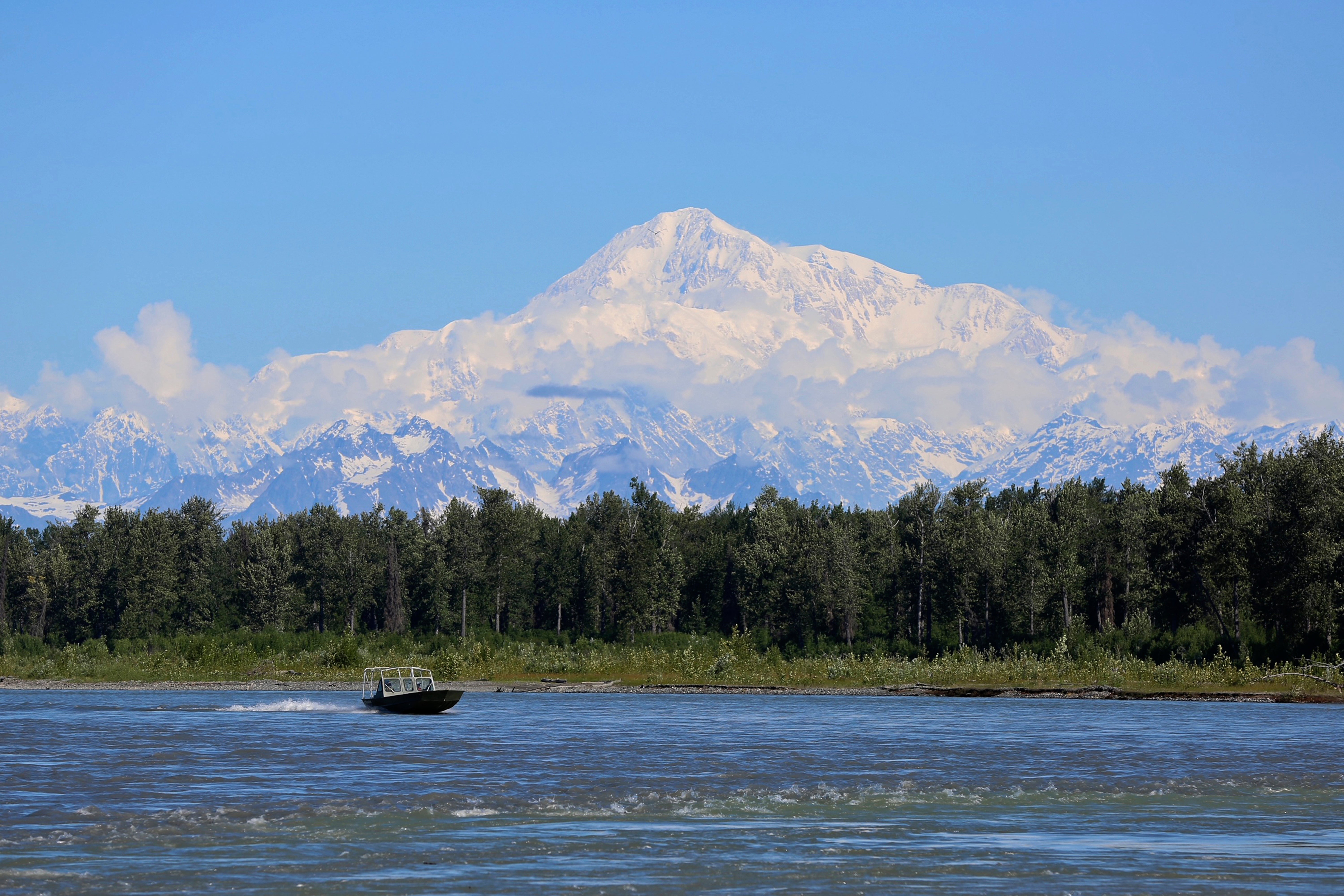 A boat is seen on the Susitna River near Talkeetna, Alaska