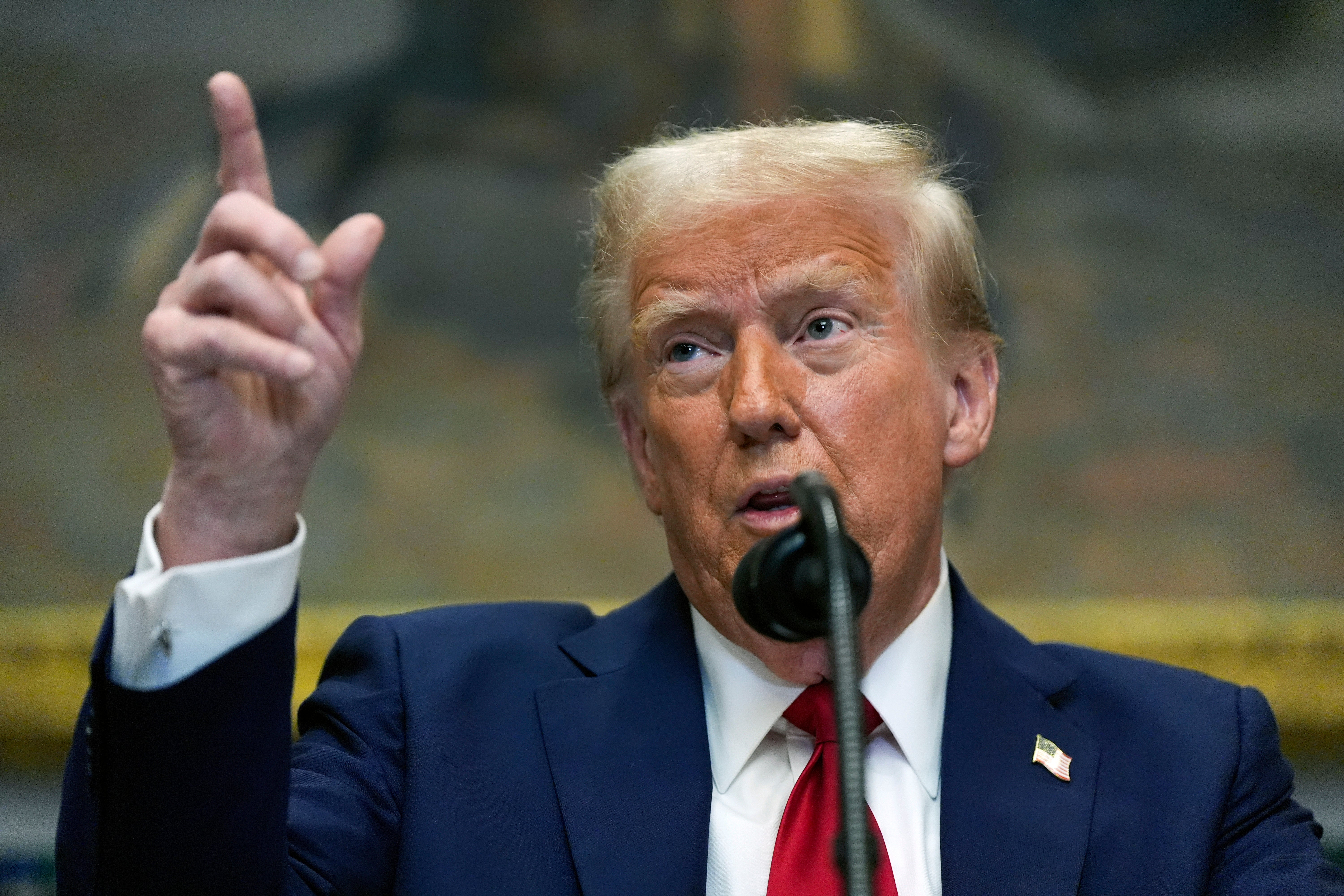 President Donald Trump speaks in the Roosevelt Room of the White House,