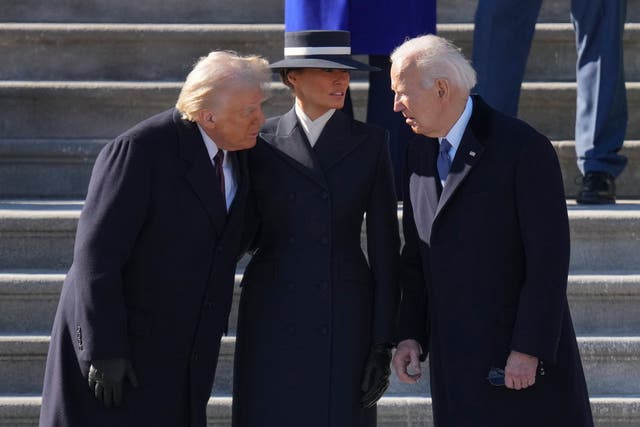 <p>U.S. President Donald Trump and first lady Melania Trump speak with former U.S. President Joe Biden as the Bidens depart the U.S. Capitol on January 20, 2025 in Washington, DC</p>